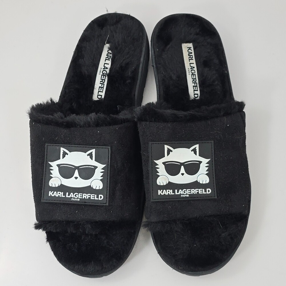 KARL LAGERFELD Jianna Choupette Slippers Women 10 Black Fuzzy Slip-On Slides Cat